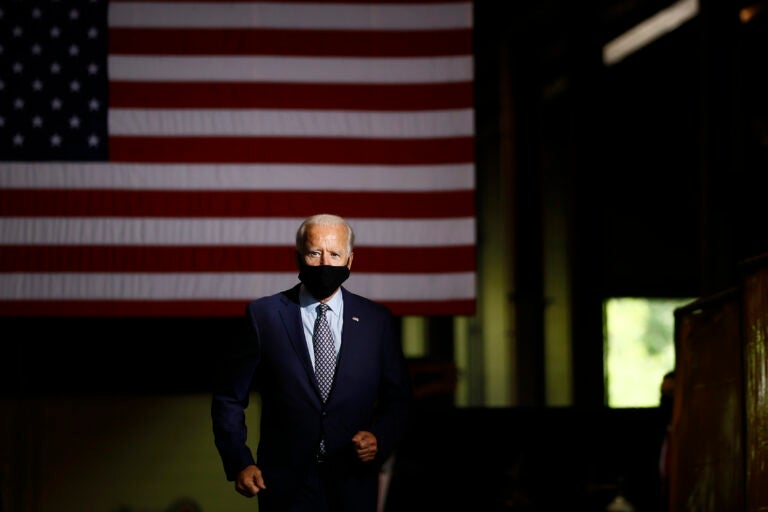 In this July 9, 2020, file photo Democratic presidential candidate former Vice President Joe Biden arrives to speak at McGregor Industries in Dunmore, Pa. (AP Photo/Matt Slocum)
