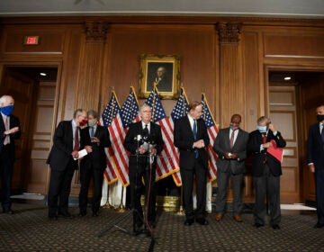 Senate Majority Leader Mitch McConnell of Ky., during a news conference on on Capitol Hill in Washington, Monday, July 27, 2020, to highlight their proposal for the next coronavirus stimulus bill. McConnell is joined by, from left, Sen. John Cornyn, R-Texas, Sen. Lamar Alexander, R-Tenn., Sen. Roy Blunt, R-Mo., Sen. Richard Shelby, R-Ala., Sen. Tim Scott, R-S.C., Sen. Lindsey Graham, R-S.C., and Sen. Mitt Romney, R-Utah. (AP Photo/Susan Walsh)