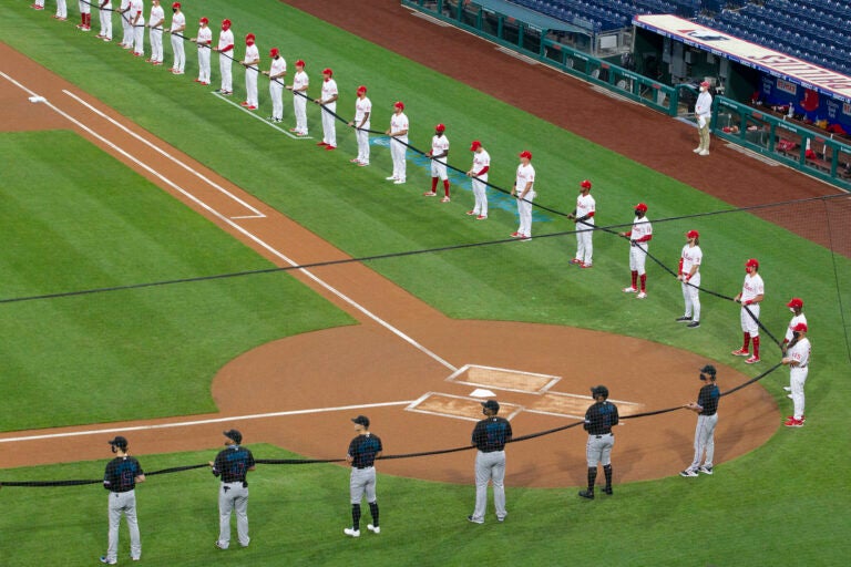 The Phillies held their season opener against the Miami Marlins on July 24, 2020.  Because of the COVID-19 pandemic all Major League Baseball games will be played without fans.  In honor of the Black Lives Matter and in the memory of George Floyd players on both teams held a symbolic black ribbon for social justice and unity before the game.