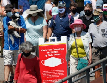 Passengers boards a Casco Bay Lines ferry bound for Peaks Island, Thursday, July 30, 2020, in Portland, Maine.  (AP Photo/Robert F. Bukaty)