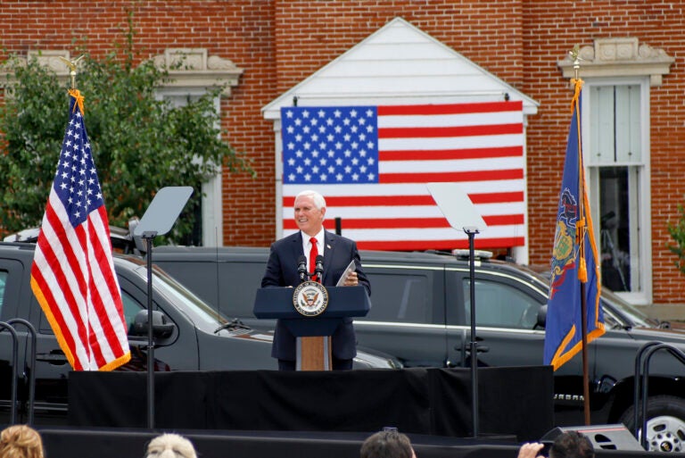 Vice President Mike Pence speaks  at a “Cops for Trump” campaign event at the police station Thursday, July 30, 2020, in Greensburg, Pa. (AP Photo/Keith Srakocic)