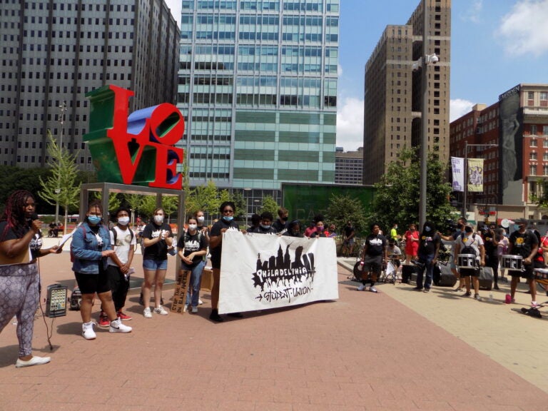 Hundreds of people marched from LOVE Park to school district headquarters to call for police-free schools. (Ximena Conde/WHYY)