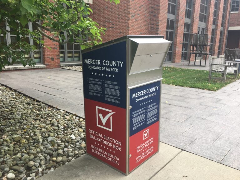 One of many ballot drop boxes in New Jersey for Tuesday's primary election.  (Evelyn Tu for WHYY)