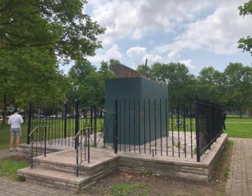 The empty perch where the Christopher Columbus statue in Columbus Park one stood. City crews removed the statue Wednesday morning. (P. Kenneth Burns/WHYY)