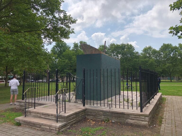 The empty perch where the Christopher Columbus statue in Columbus Park one stood. City crews removed the statue Wednesday morning. (P. Kenneth Burns/WHYY)