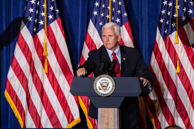 Vice President Mike Pence speaks at the “Back the Blue” rally at Philadelphia FOP Lodge #5. (Kimberly Paynter/WHYY)