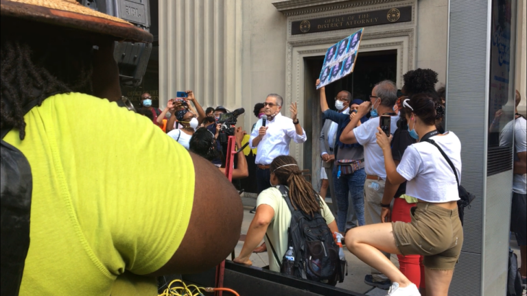 Protesters gathered outside Philadelphia District Attorney Larry Krasner’s office Monday, July 13, 2020.