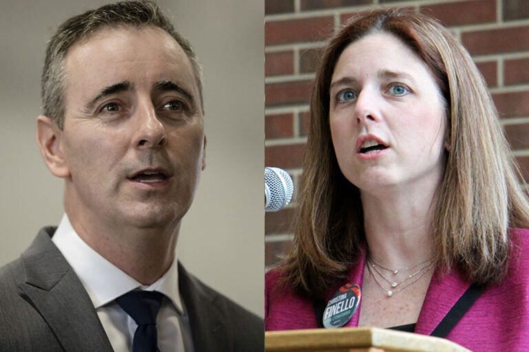 Bucks County Congressman Brian Fitzpatrick (left) and Ivyland Borough Councilmember Christina Finello. (AP Photo and Emma Lee/WHYY)