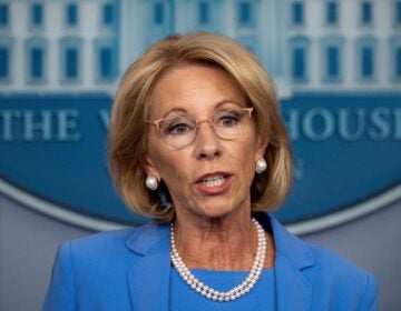 Education Secretary Betsy DeVos, seen here during a White House briefing in March, will participate in a panel discussion Tuesday on how to reopen America's schools safely. (Jim Watson/AFP via Getty Images)