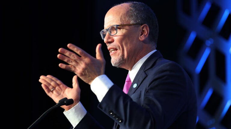 Tom Perez, Democratic National Committee chair, speaks during an event in February in Charlotte, N.C. Perez and other Democrats are approving their party platform on Monday. (Joe Raedle/Getty Images)
