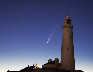 Comet Neowise passes St Mary's Lighthouse in Whitley Bay, UK in the early hours of Tuesday morning. (Owen Humphreys - PA Images/PA Images via Getty Images)