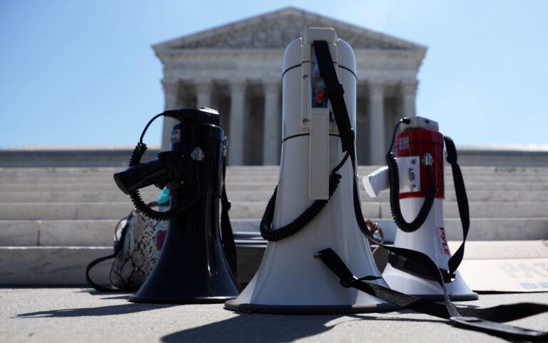 Bullhorns are seen during a demonstration in front of the Supreme Court on June 29. The court had a momentous term with cases ranging from President Trump's financial records to immigration and abortion.
