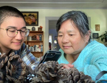 Reporter Isis Piccillo and their mom, Anna Yeung, using a language app to learn Arabic while sheltering in place at their home in Northern California. (Isis Piccillo/For WHYY)
