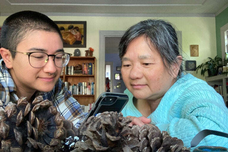 Reporter Isis Piccillo and their mom, Anna Yeung, using a language app to learn Arabic while sheltering in place at their home in Northern California. (Isis Piccillo/For WHYY)