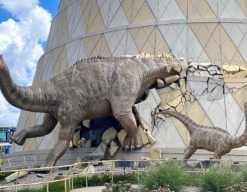 A life-sized dinosaur family wearing masks bursts from the walls of The Children's Museum of Indianapolis, the largest children's museum in the world.