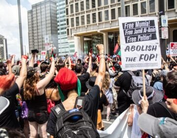 Protesters raised fists for nine minutes in front of Philadelphia’s Municipal Service Building on the Fourth of July. (Kimberly Paynter/WHYY)