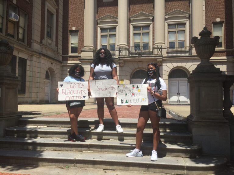 Protesters from the march against racism on Sunday July 12 make their demands known on the steps of Masterman. (Photo by Neena Hagen)