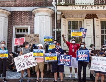 Members of the American Postal Workers union local 89 protest in Old City on June 22, 2020, demanding the postal service be fully funded. (Kimberly Paynter/WHYY)