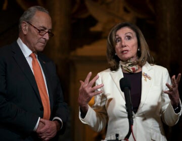 House Speaker Nancy Pelosi of Calif., and Senate Minority Leader Sen. Chuck Schumer of N.Y. speak to media on Capitol Hill in Washington, Thursday, Aug. 6, 2020. (AP Photo/Carolyn Kaster)