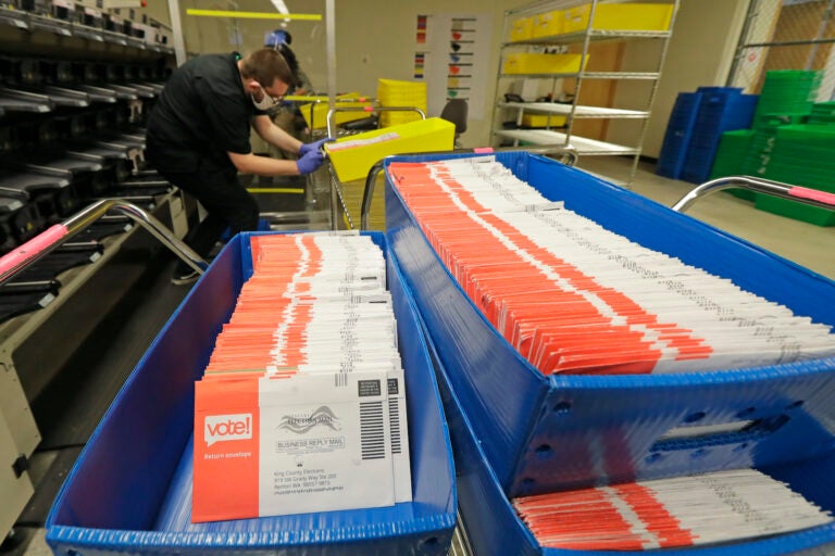 Vote-by-mail ballots are shown in sorting trays