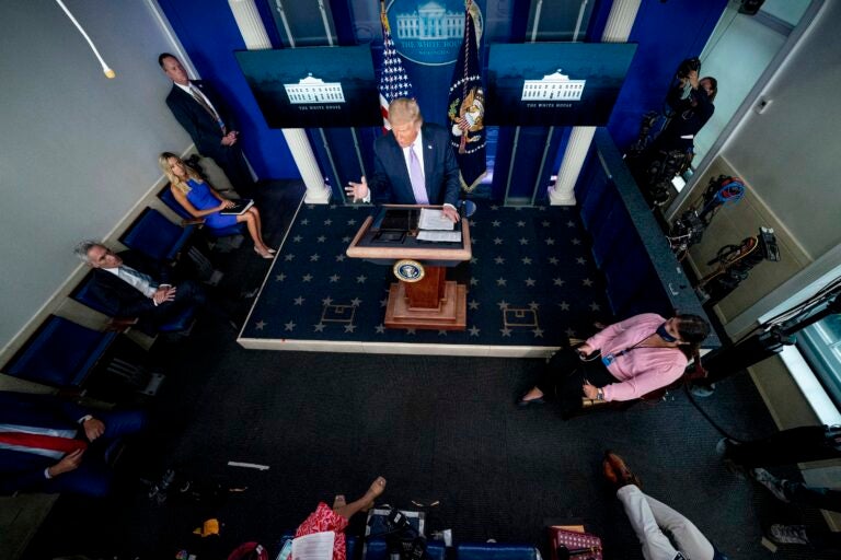 President Donald Trump speaks at a news conference in the James Brady Press Briefing Room at the White House, Thursday, Aug. 13, 2020, in Washington. (AP Photo/Andrew Harnik)