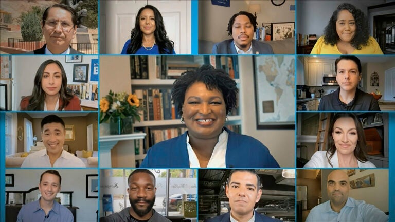 In this image from video, former Georgia House Democratic leader Stacey Abrams, center, and others, speak during the second night of the Democratic National Convention on Tuesday, Aug. 18, 2020. (Democratic National Convention via AP)