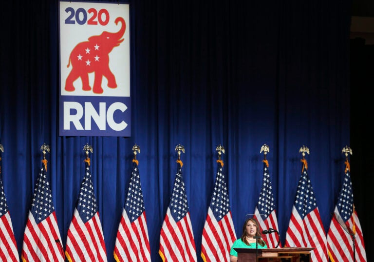 RNC Chairwoman Ronna Romney McDaniel speaks to delegates in the Charlotte Convention Center’s Richardson Ballroom in Charlotte, NC on Monday, August 24.  The delegates have gathered for the roll call vote to renominate Donald J. Trump to be President of the United States and Mike Pence to be Vice President.

(Travis Dove for The New York Times)