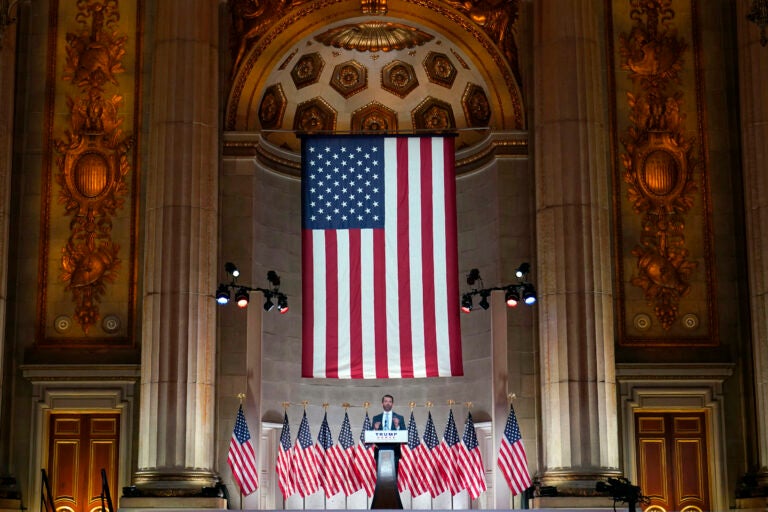 Donald Trump Jr., speaks as he tapes his speech for the first day of the Republican National Convention from the Andrew W. Mellon Auditorium in Washington, Monday, Aug. 24, 2020. (AP Photo/Susan Walsh)