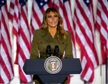 First lady Melania Trump speaks on the second day of the Republican National Convention from the Rose Garden of the White House, Tuesday, Aug. 25, 2020, in Washington. (AP Photo/Evan Vucci)