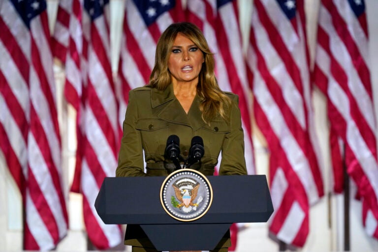 First lady Melania Trump speaks on the second day of the Republican National Convention from the Rose Garden of the White House, Tuesday, Aug. 25, 2020, in Washington. (AP Photo/Evan Vucci)