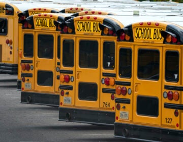 Fairfax County Public School buses are lined up at a maintenance facility