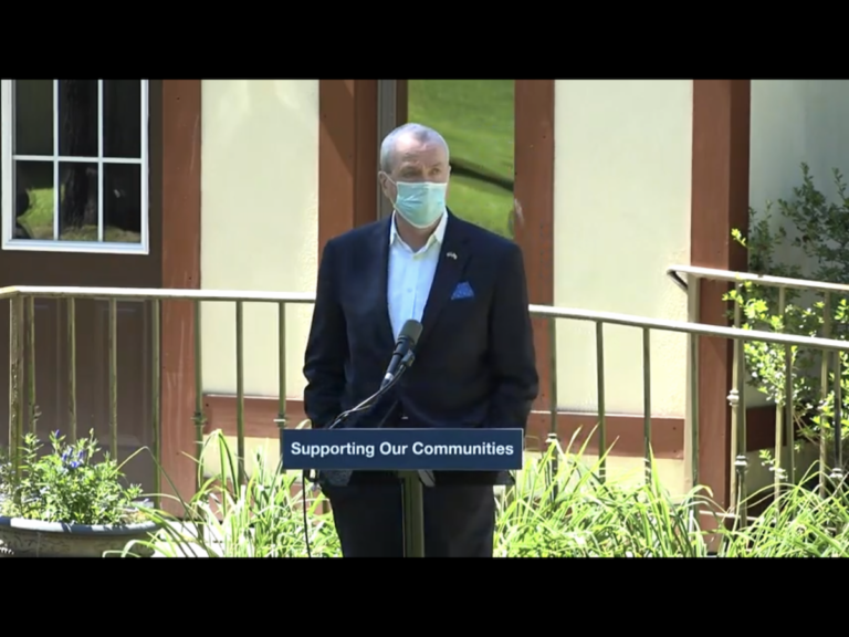 Phil Murphy speaks in Hackettstown, New Jersey about pandemic relief for counties. (Screenshot)