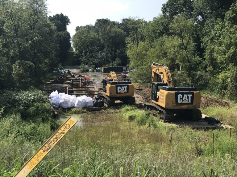 In this 2018 file photo, Energy Transfer, the parent company of Mariner East 2 pipeline builder, Sunoco, works at Snitz Creek in West Cornwall Township, Lebanon County after a drilling mud spill during the summer. (Marie Cusick / StateImpact Pennsylvania)