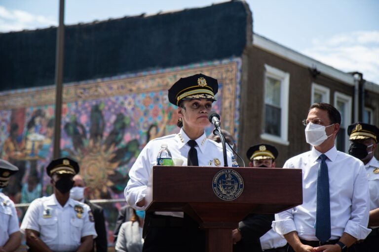 Philadelphia Police Commissioner Danielle Outlaw offered accolades to officers and officials involved in the 5th raid of the Kensington Initiative  at a press conference announcing results Monday. (Kimberly Paynter/WHYY)