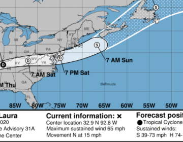 The National Hurricane Center forecast for Tropical Storm Laura, valid early Thursday afternoon. (Screenshot)