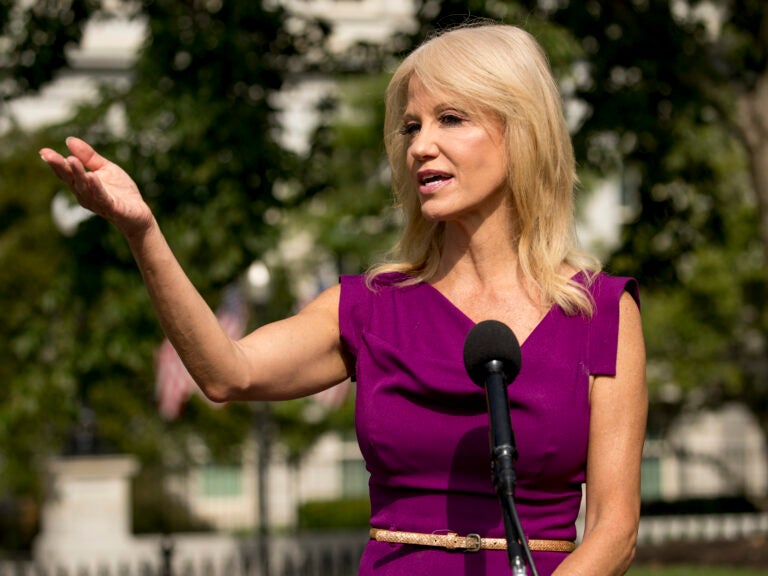 Counselor to the President Kellyanne Conway speaks to reporters outside the West Wing of the White House in Washington, D.C., earlier this month.