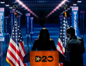 Democratic vice presidential candidate Sen. Kamala Harris, D-Calif., takes her place at the podium to speak before the light go up on stage during the third day of the Democratic National Convention, Wednesday, Aug. 19, 2020, at the Chase Center in Wilmington, Del. (AP Photo/Carolyn Kaster)