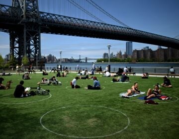 A new study has found that parks in low-income and majority nonwhite communities are smaller and serve a larger number of people per park acre. People are seen here relaxing in May in Brooklyn's Domino Park.
(Johannes Eisele/AFP via Getty Images)