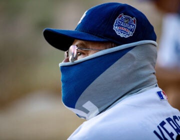 LOS ANGELES, CA - AUGUST 8, 2020: Season ticket holder David Baltazar of Long Beach wears a Dodgers neck gaiter as he sits with other fans watching the Dodgers play the San Francisco Giants from a far overlook spot because of the coronavirus pandemic in Elysian Park on August 8, 2020 in Los Angeles, CA. They are listening to the game on the radio since they are too far away to hear the sounds form the game. No fans are allowed in the stadium. (Gina Ferazzi / Los Angeles Times via Getty Images)