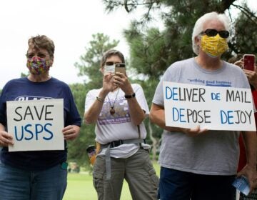 A group of protesters demonstrate in front of Postmaster General Louis DeJoy's home in Greensboro, N.C., on Sunday.