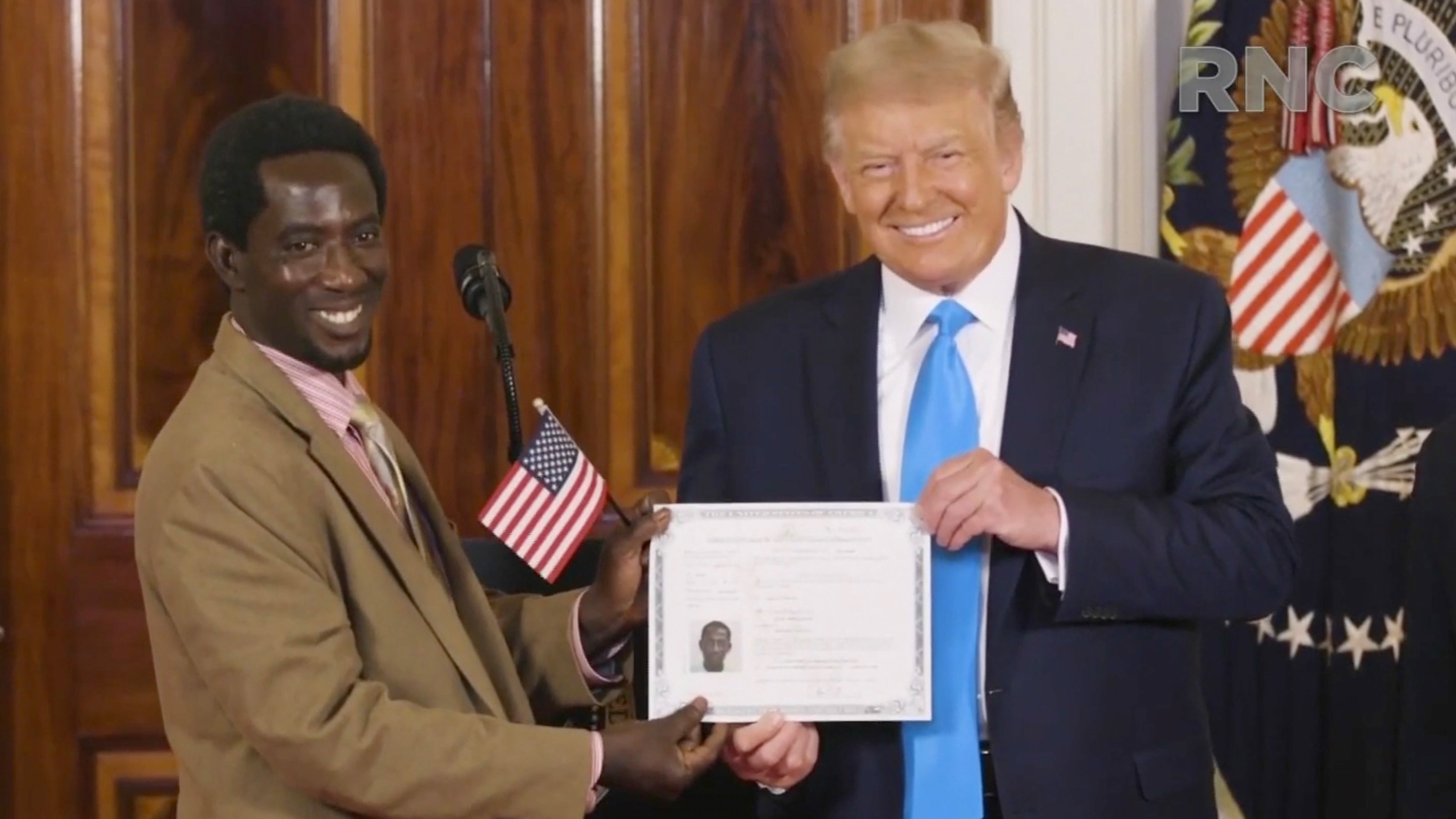 President Trump hosts a naturalization ceremony for new citizens in a prerecorded video broadcast during the RNC on Tuesday night.