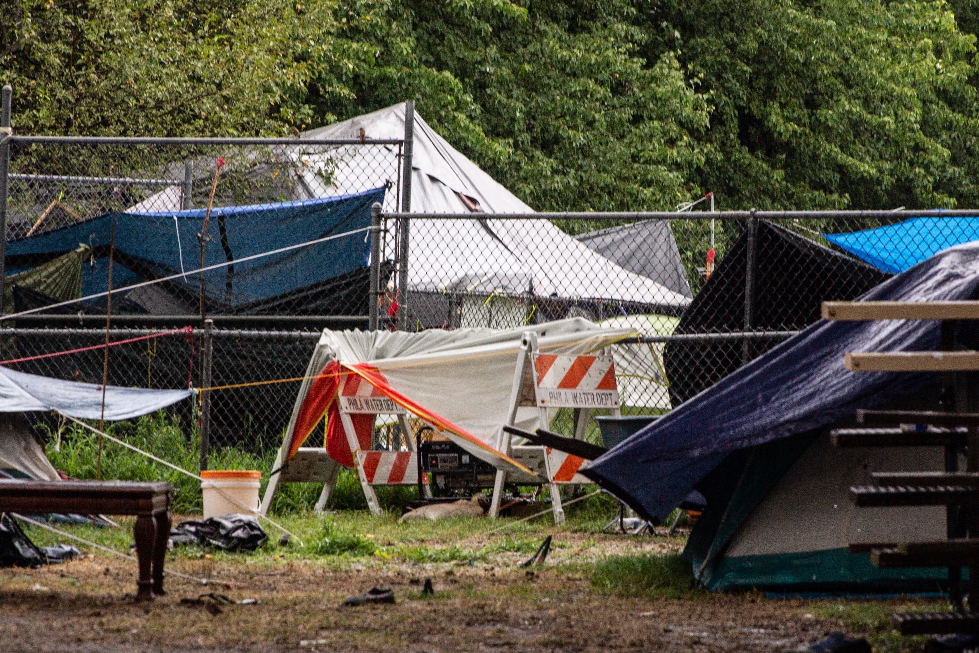 Benjamin Franklin Parkway encampment during Tropical Storm Isaia