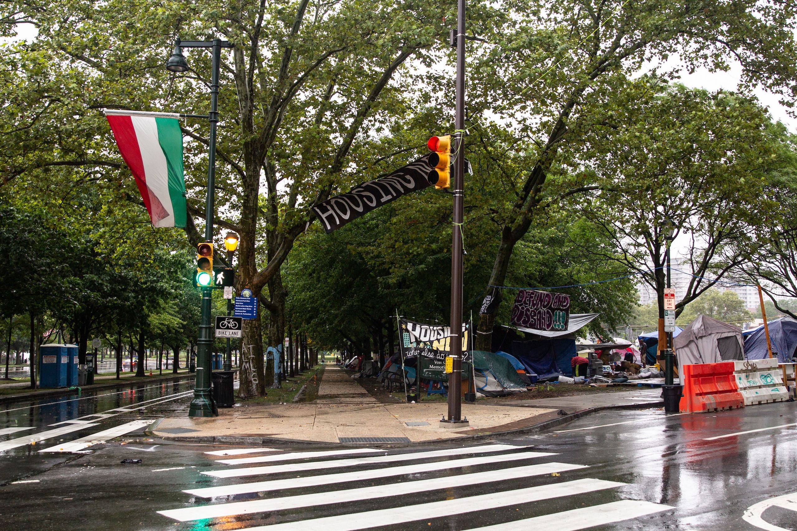 Benjamin Franklin Parkway encampment during Tropical Storm Isaia