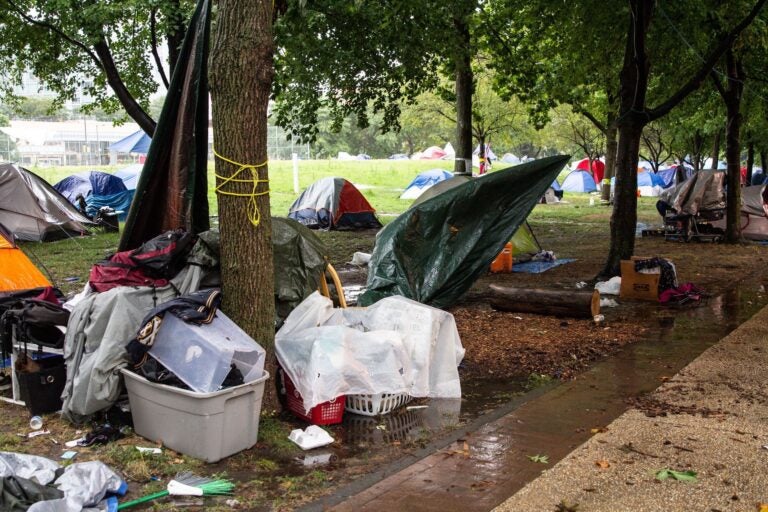 Benjamin Franklin Parkway encampment during Tropical Storm Isaia