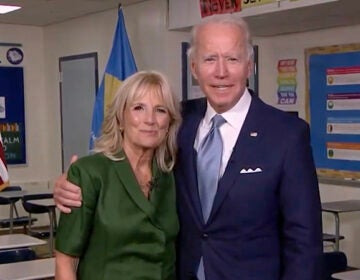 Democratic presidential nominee Joe Biden joins his wife Jill Biden in a classroom after her address to the virtual Democratic National Convention on Tuesday.