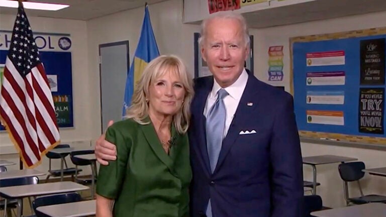 Democratic presidential nominee Joe Biden joins his wife Jill Biden in a classroom after her address to the virtual Democratic National Convention on Tuesday.