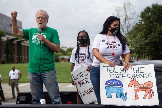 Howie Hawkins, a Green Party candidate for president, spoke at a protest march against inequity to Joe Biden’s Philadelphia headquarters. (Kimberly Paynter/WHYY)