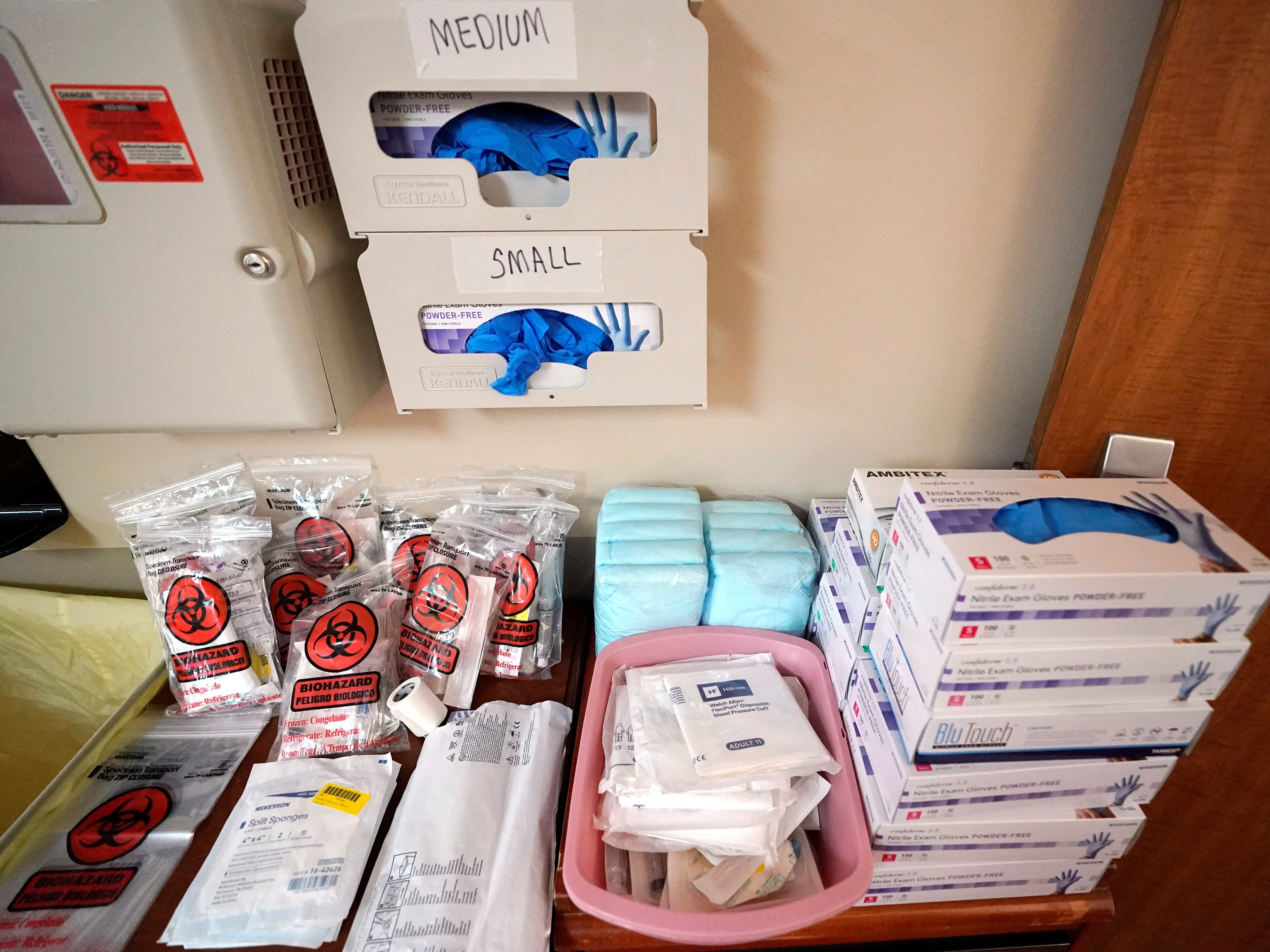 PPE and medical supplies to be used by members of the Urban Augmentation Medical Task Force, are shown inside a wing at United Memorial Medical Center in Houston, Texas.