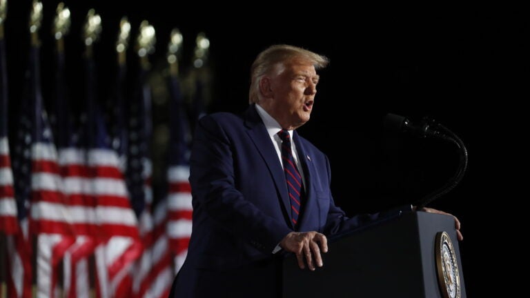 U.S. President Donald Trump speaks during the Republican National Convention on the South Lawn of the White House on Thursday. (Al Drago/Bloomberg via Getty Images)