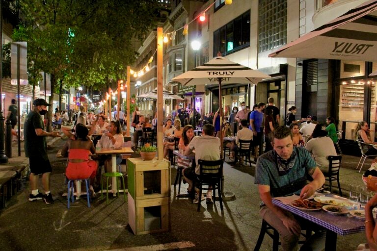 A block of Sansom Street in Center City is closed to traffic for outdoor dining on Sept. 9.